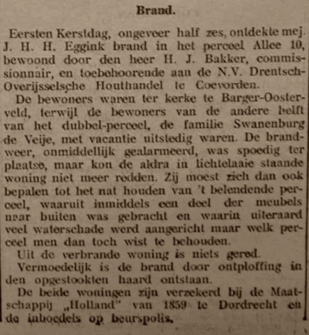 Brand Allee 10 Emmen, onbekende krant januari 1932